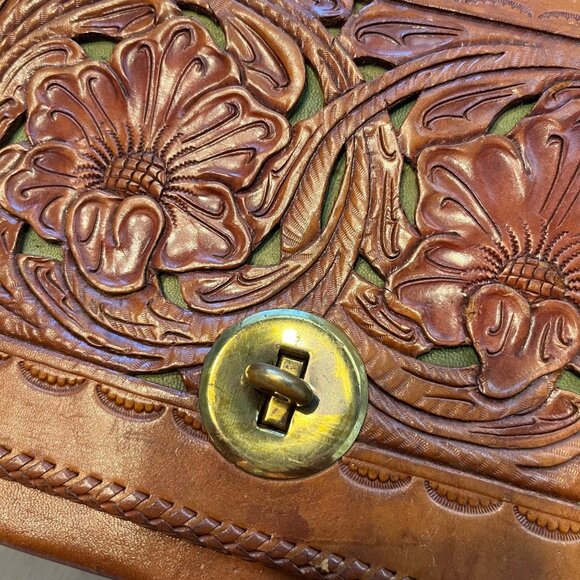Vintage Tooled Cut Out Leather Handbag Purse Brown Green - Picture 11 of 15